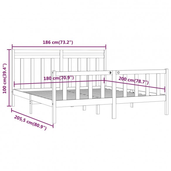 Cadre de lit Gris Bois de pin massif 180x200 cm Super King