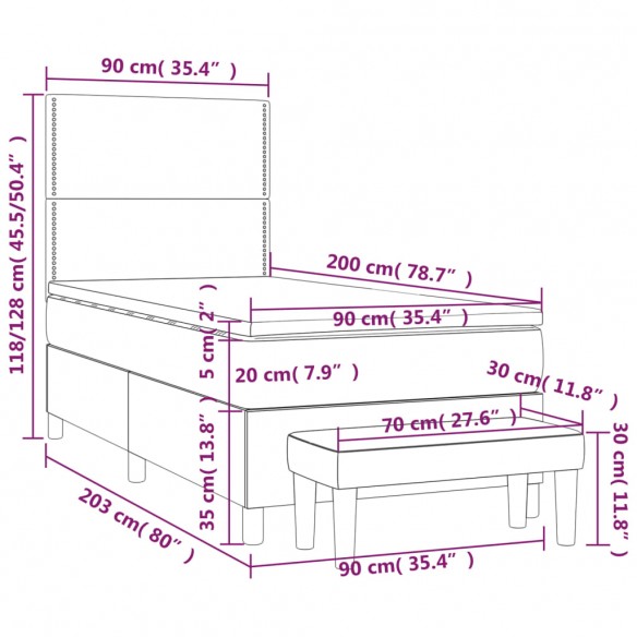 Cadre de lit et matelas Gris foncé 90x200 cm Velours