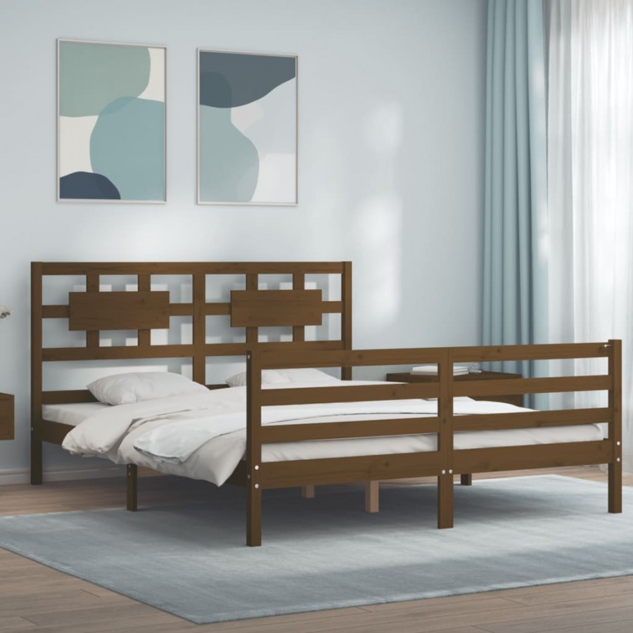 Cadre de lit avec tête de lit marron miel 160x200cm bois massif
