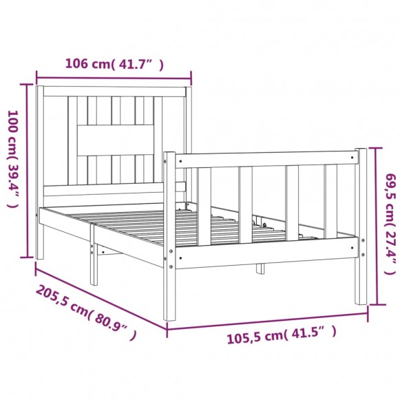 Cadre de lit et tête de lit gris bois de pin massif 100x200 cm