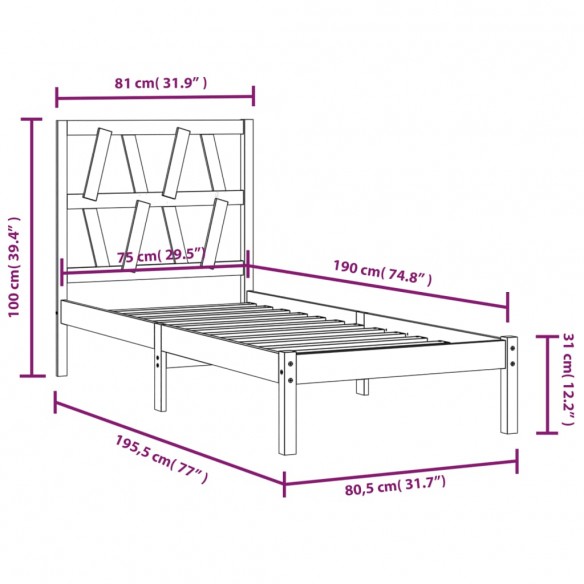 Cadre de lit bois de pin massif 75x190 cm petit simple