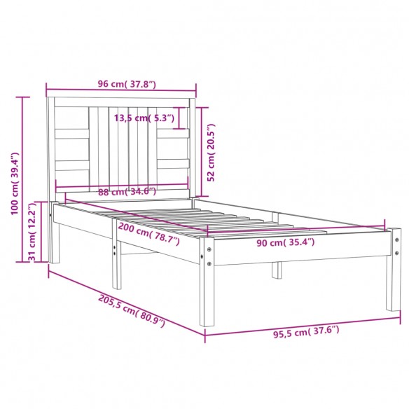 Cadre de lit Gris Bois massif 90x200 cm