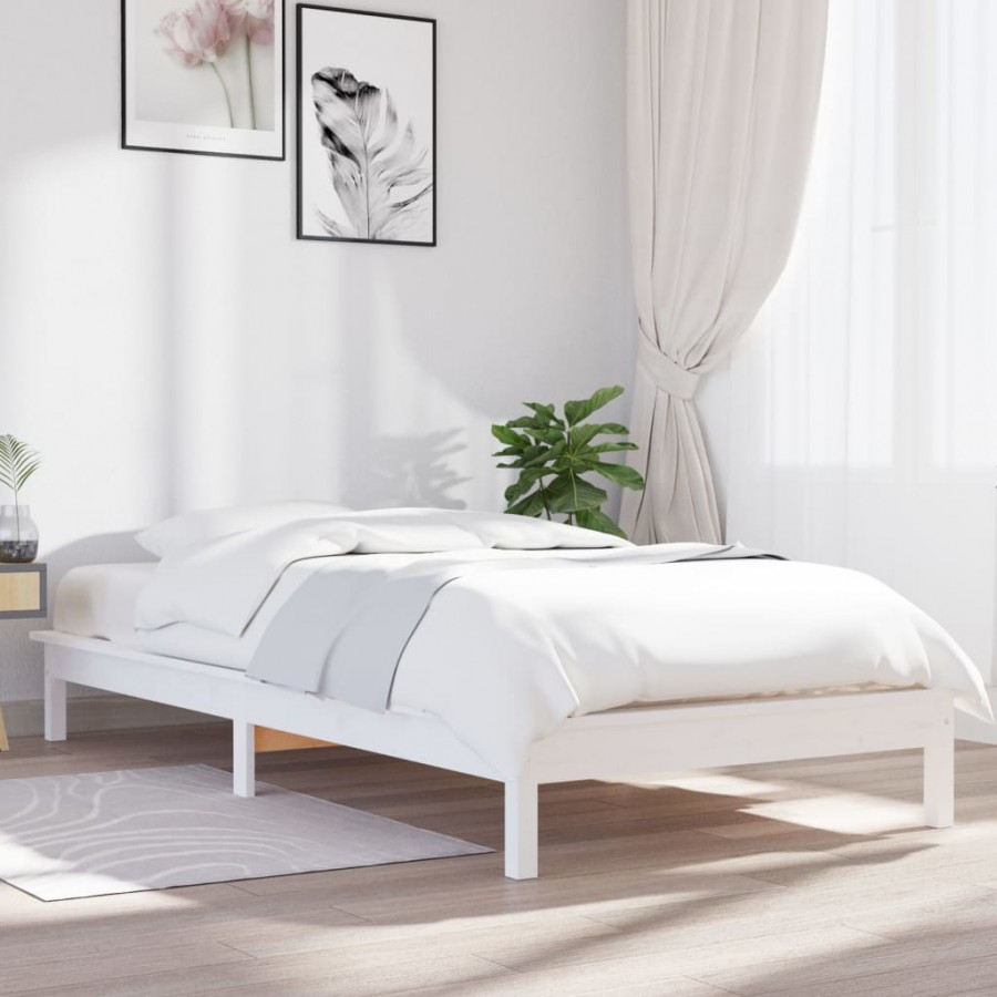 Cadre de lit blanc 90x190 cm simple bois massif de pin