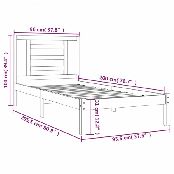 Cadre de lit Gris Bois de pin massif 90x200 cm