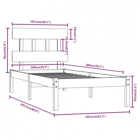 Cadre de lit Bois massif 100x200 cm