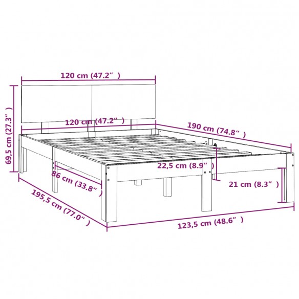 Cadre de lit Marron miel Bois massif 120x190 cm Petit Double