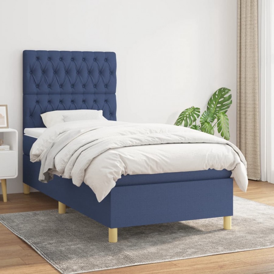 Cadre de lit avec matelas Bleu 90x190 cm Tissu