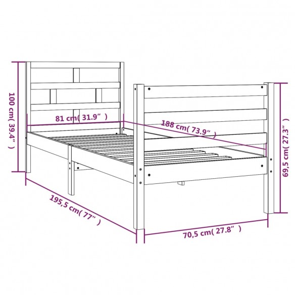 Cadre de lit Blanc Bois massif 75x190 cm Petit simple