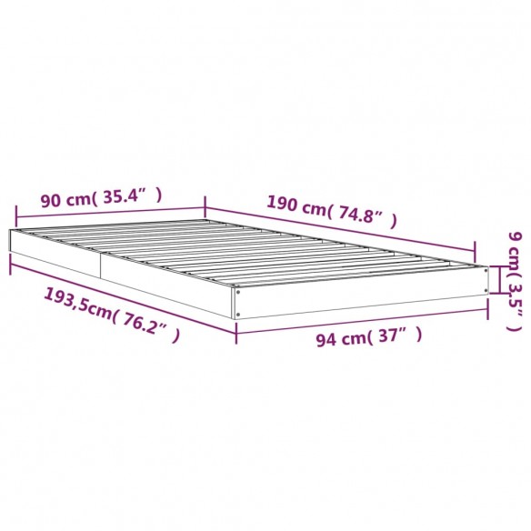 Cadre de lit noir 90x190 cm simple bois de pin massif