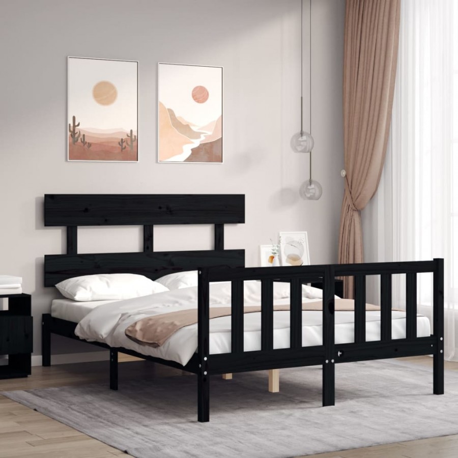 Cadre de lit avec tête de lit noir petit double bois massif