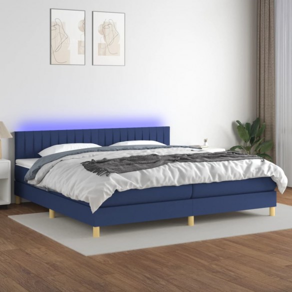 Sommier à lattes de lit et matelas et LED Bleu 200x200 cm Tissu