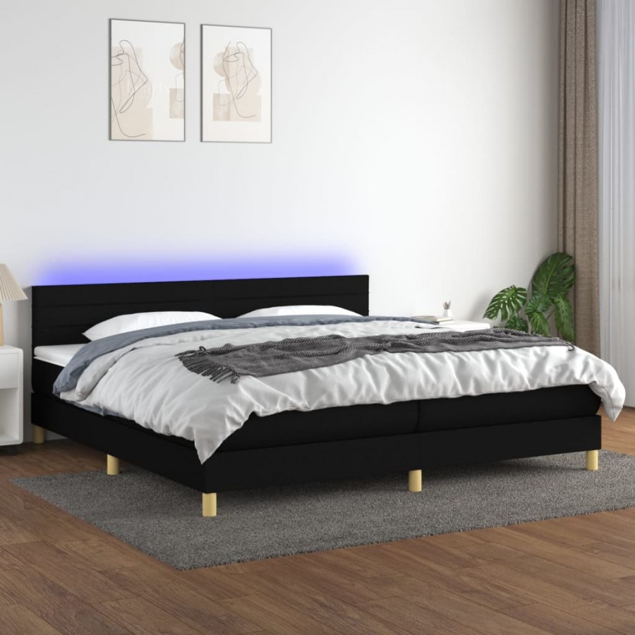 Sommier à lattes de lit et matelas et LED Noir 200x200 cm Tissu