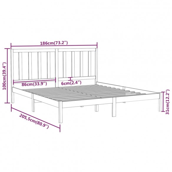 Cadre de lit Gris Bois massif 180x200 cm Super King