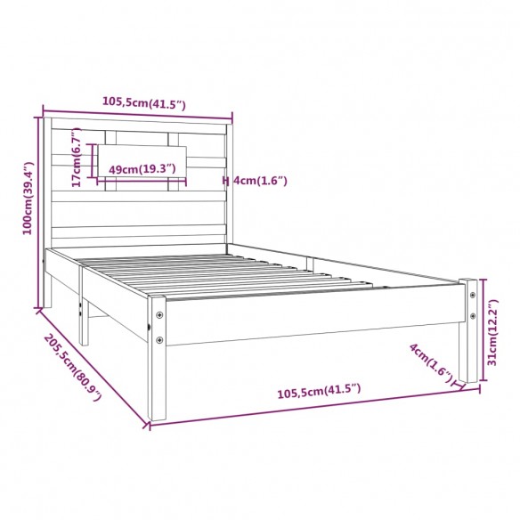 Cadre de lit Gris Bois massif 100x200 cm