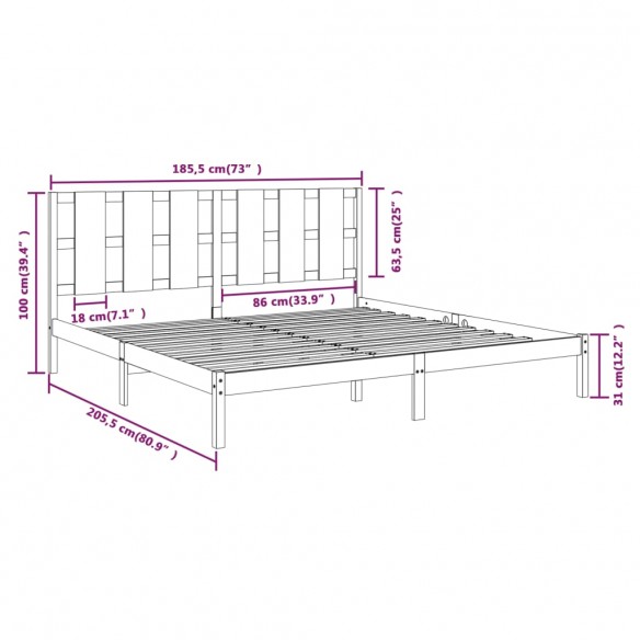 Cadre de lit Gris Bois massif 180x200 cm Super King