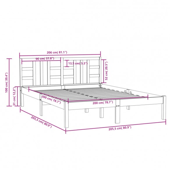 Cadre de lit Marron miel Bois massif 200x200 cm