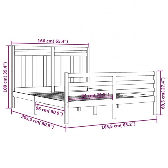 Cadre de lit Gris Bois massif 160x200 cm