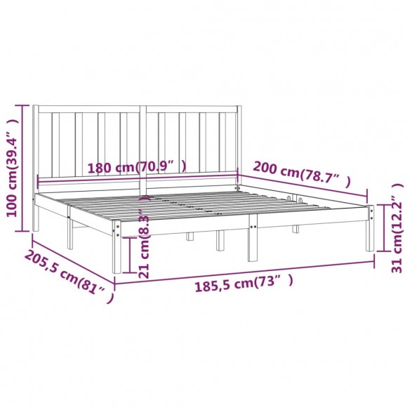 Cadre de lit Noir Bois de pin massif 180x200 cm Super King