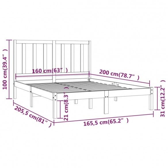 Cadre de lit Gris Bois de pin massif 160x200 cm