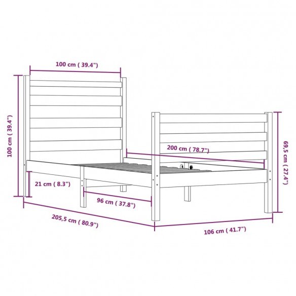 Cadre de lit Bois de pin massif 100x200 cm Blanc