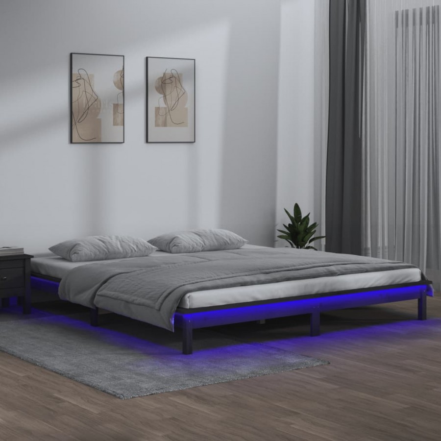 Cadre de lit à LED gris 135x190 cm double bois massif