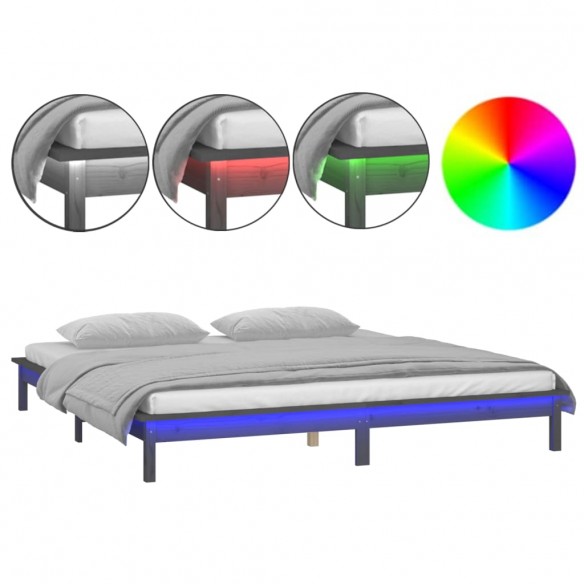 Cadre de lit à LED gris 120x190 cm petit double bois massif
