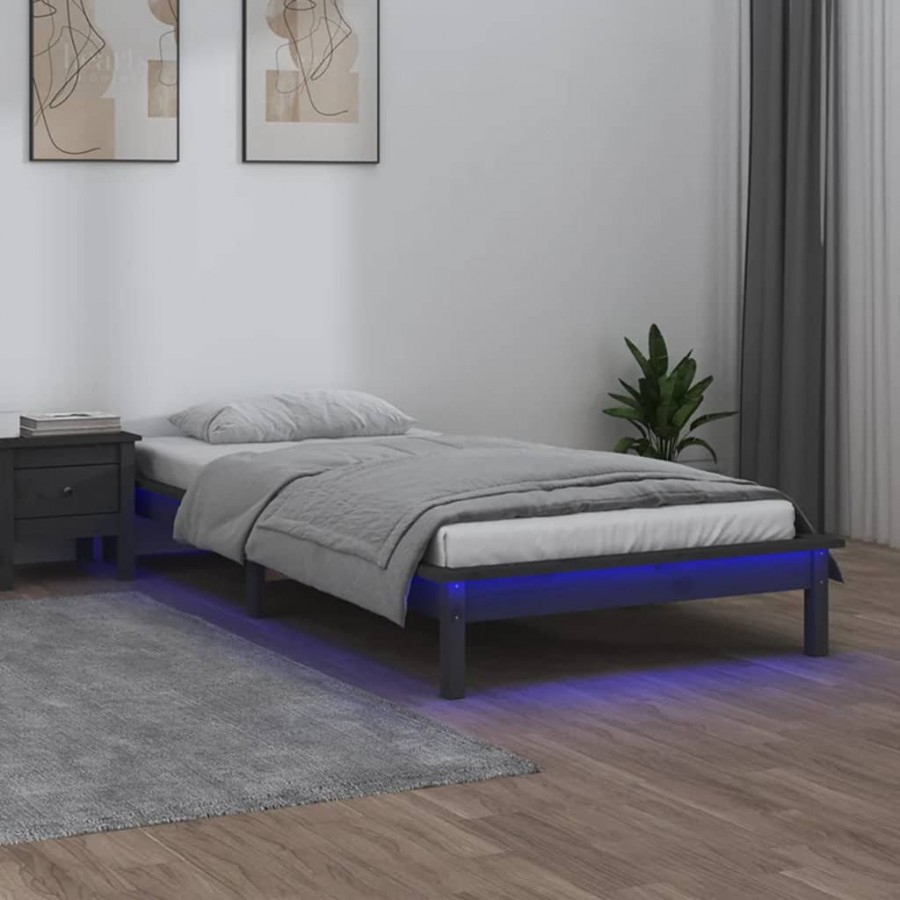 Cadre de lit à LED gris 90x200 cm bois massif