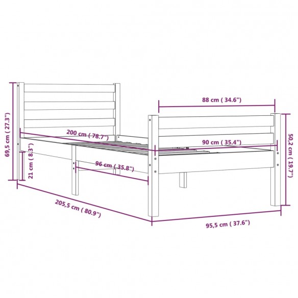 Cadre de lit Marron miel Bois massif 90x200 cm