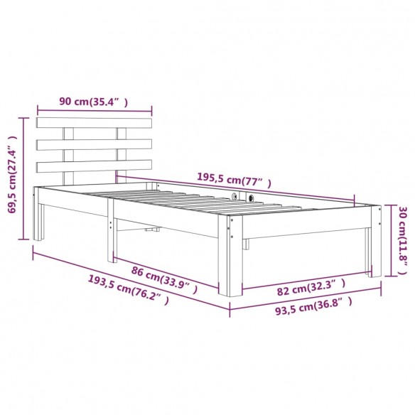 Cadre de lit Blanc Bois massif 90x190 cm Simple