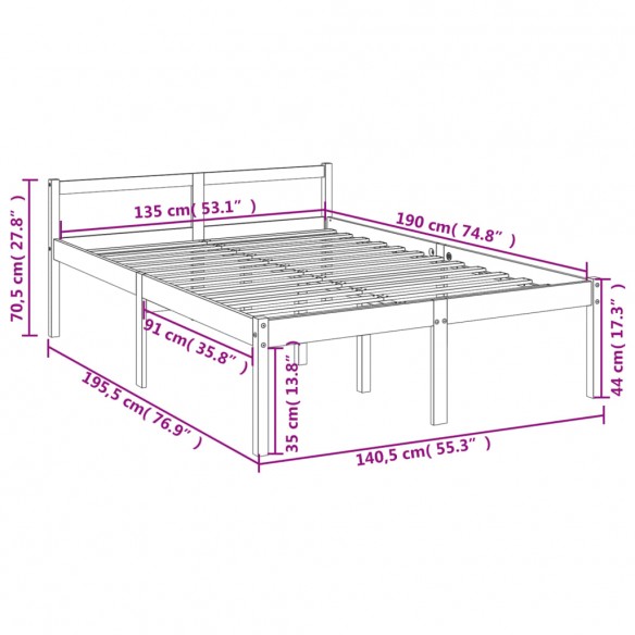 Lit pour personne âgée gris 135x190 cm double bois massif pin