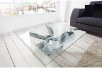 Table basse design hélice en verre transparent  et en aluminium