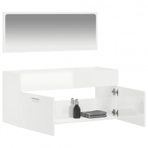 Armoire de bain avec miroir blanc brillant bois d'ingénierie