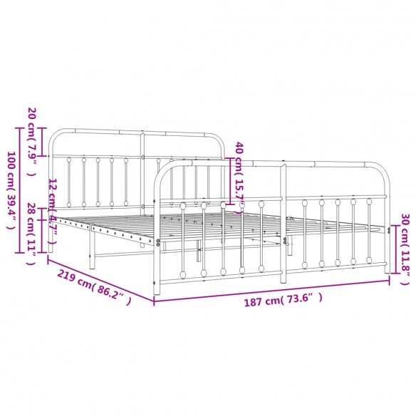 Cadre de lit métal avec tête de lit/pied de lit noir 183x213 cm