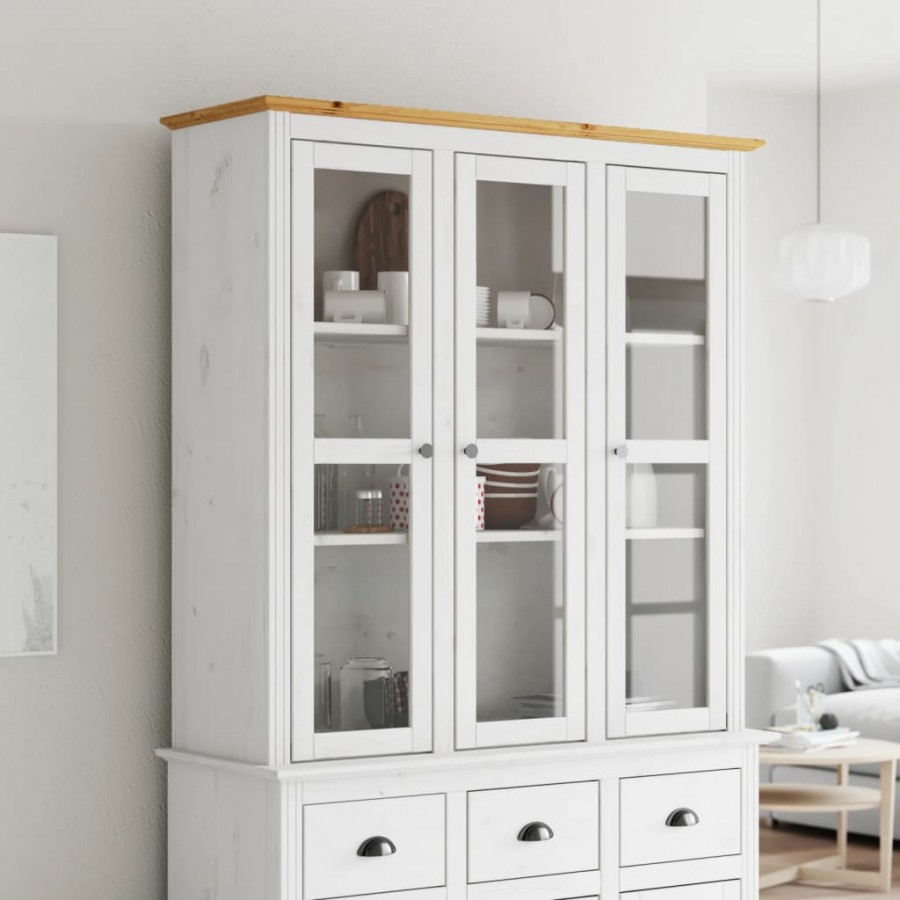 Armoire avec portes vitrées BODO blanc marron bois pin massif