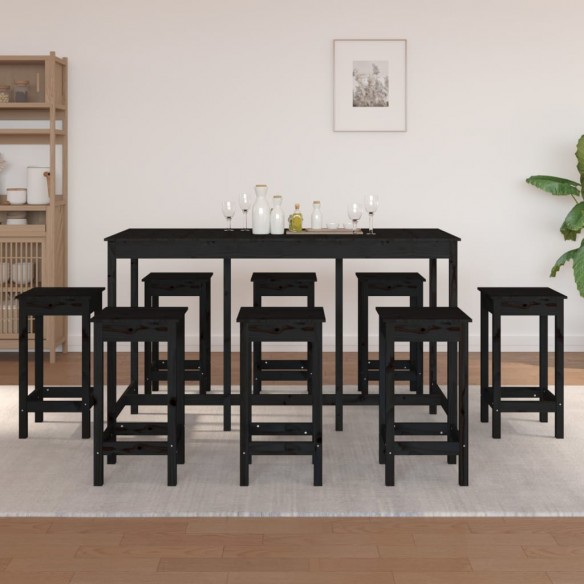 Ensemble de bar 9 pcs Noir Bois de pin massif