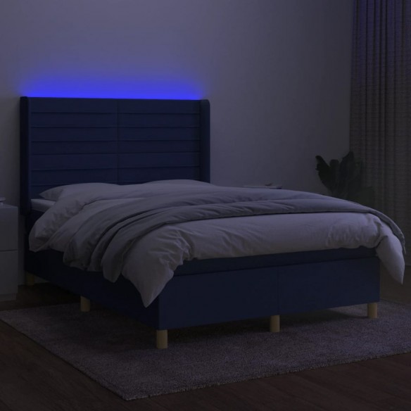 Cadre de lit matelas et LED Bleu 140x190 cm Tissu