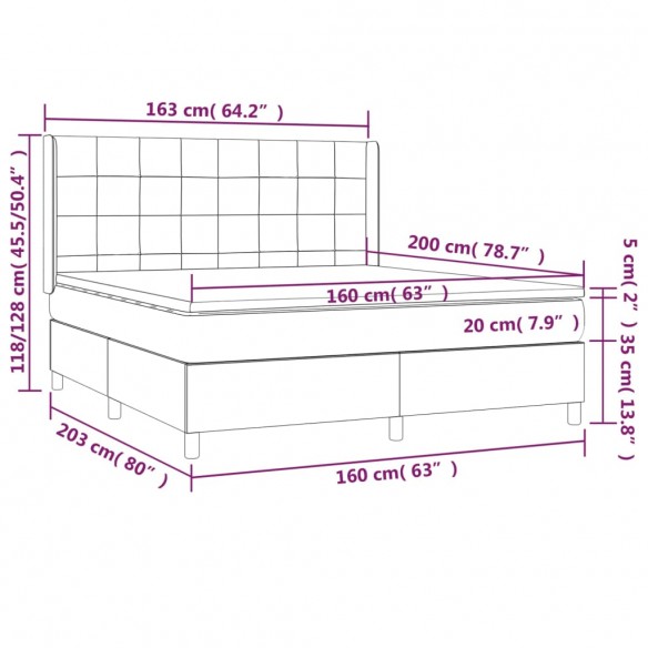 Cadre de lit matelas LED Gris foncé 160x200 cm Tissu