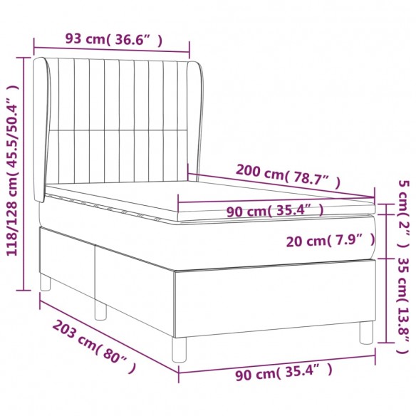 Sommier à lattes de lit et matelas Gris foncé 90x200 cm Velours