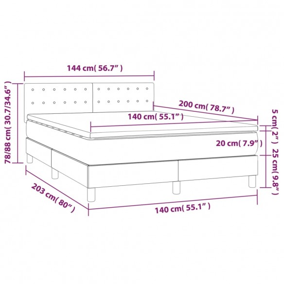 Cadre de lit matelas et LED Marron foncé 140x200 cm