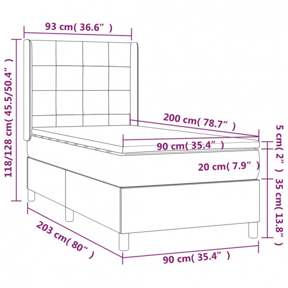 Cadre de lit et matelas Gris foncé 90x200 cm Velours