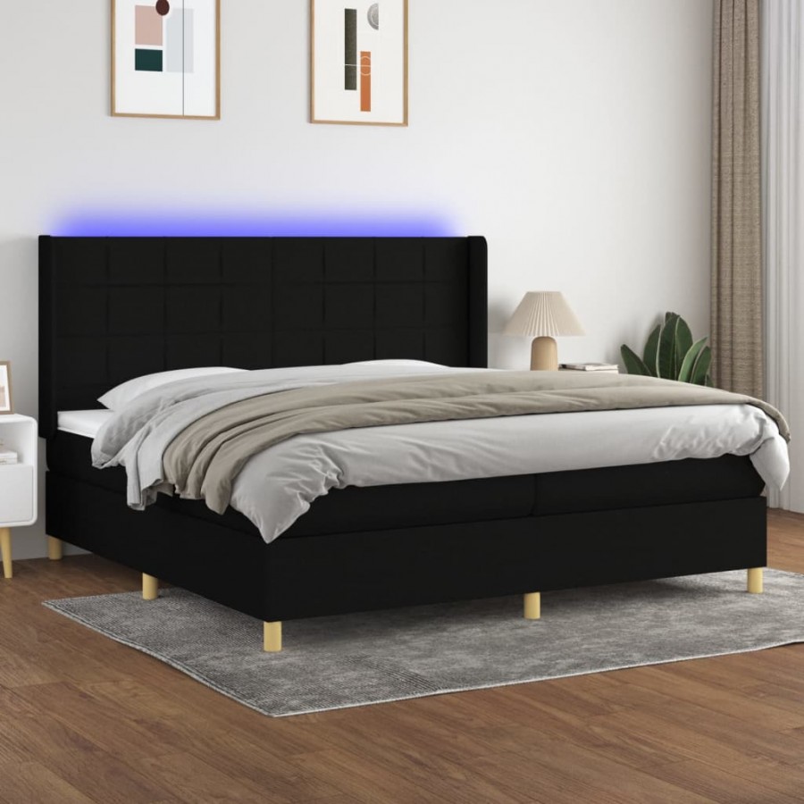 Sommier à lattes de lit et matelas et LED Noir 200x200 cm Tissu