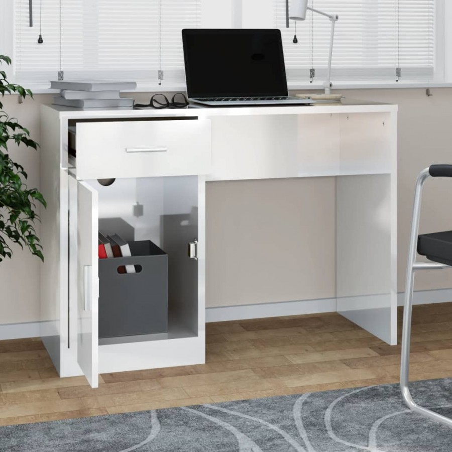 Bureau avec tiroir et armoire Blanc brillant 100x40x73 cm