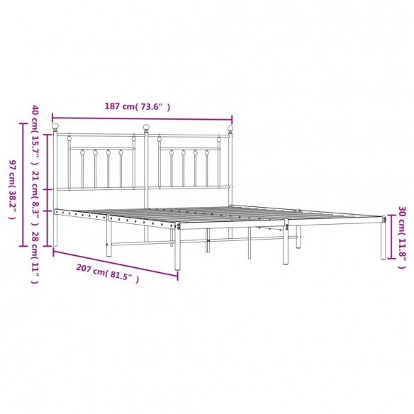Cadre de lit métal avec tête de lit noir 180x200 cm