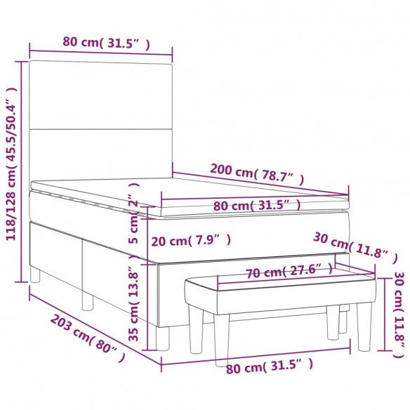 Cadre de lit avec matelas Gris foncé 80x200 cm Tissu