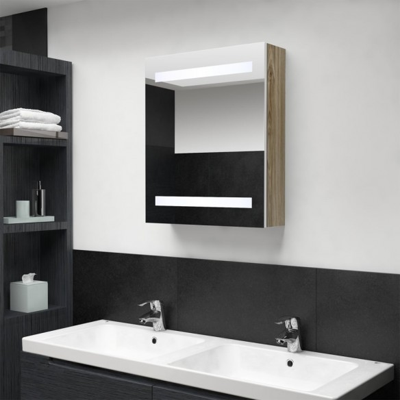 Armoire de salle de bain à miroir à LED blanc et chêne