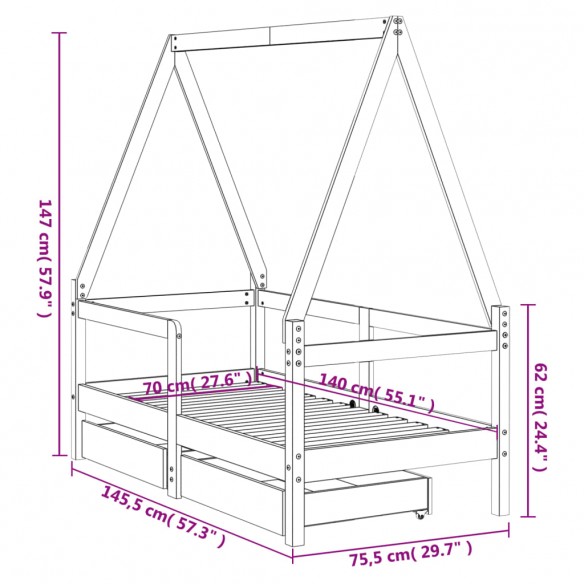 Cadre de lit enfant tiroirs blanc 70x140 cm bois de pin massif