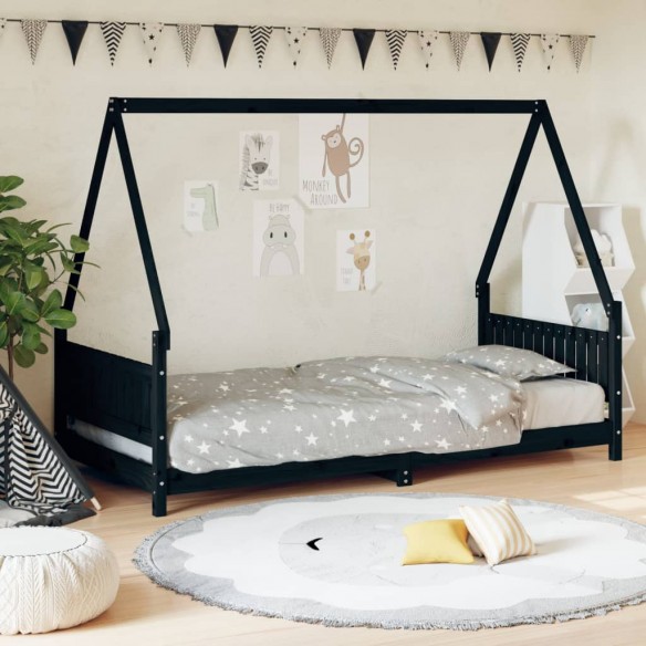 Cadre de lit pour enfants noir 90x200 cm bois de pin massif