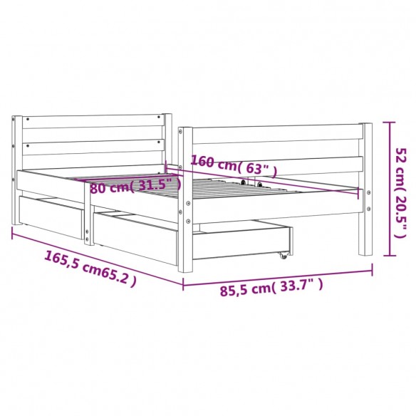 Cadre de lit pour enfant tiroirs blanc 80x160cm bois pin massif