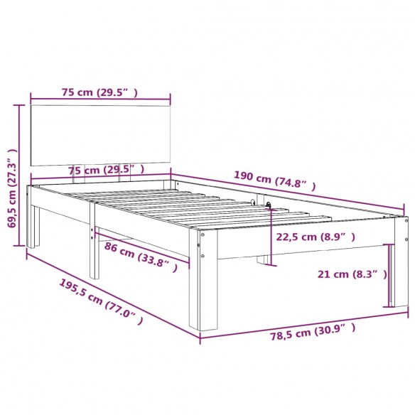 Cadre de lit Blanc Bois massif 75x190 cm Petit simple