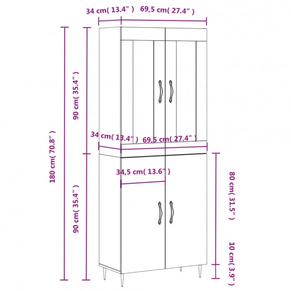 Buffet haut Gris béton 69,5x34x180 cm Bois d'ingénierie